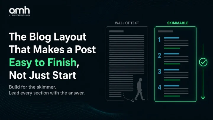 A dense wall of text with a reader walking away beside a numbered skimmable blog layout that keeps readers to the end