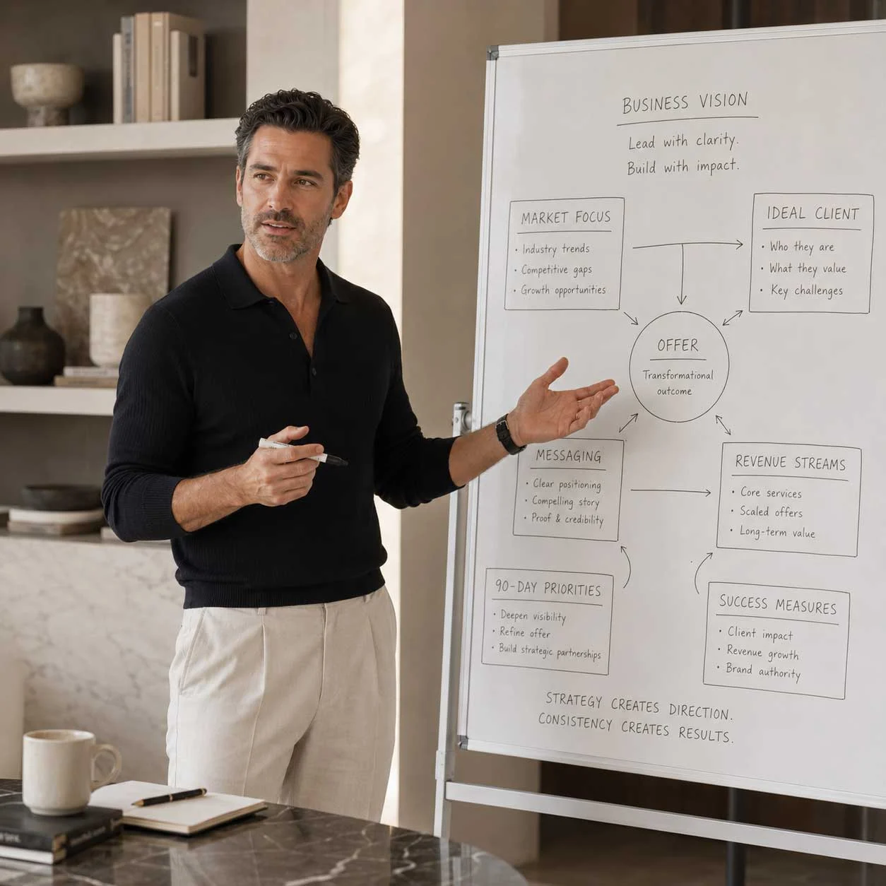 Business strategist presenting a business strategy and growth plan on a whiteboard