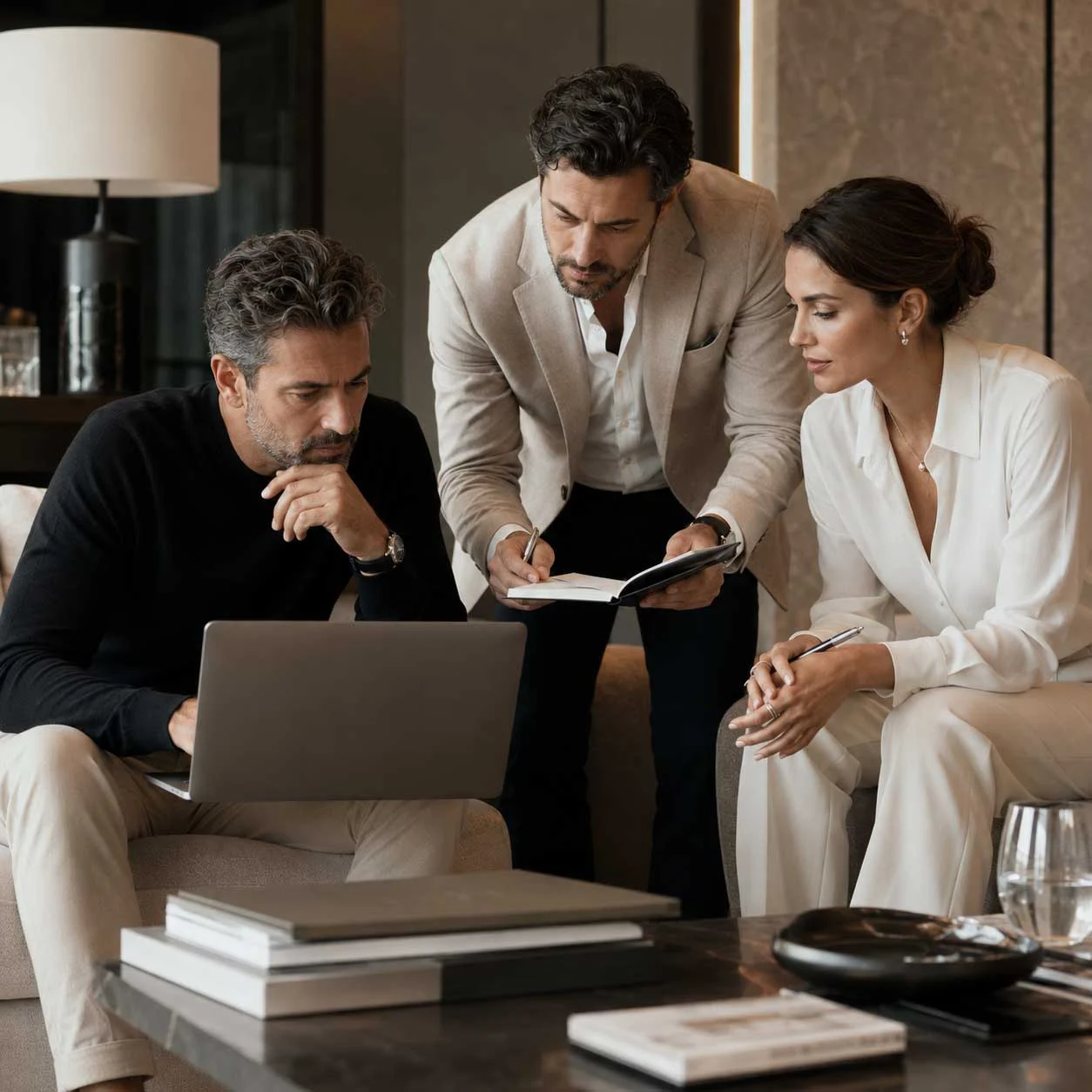 Business team reviewing CRM solutions and customer journey data on a laptop
