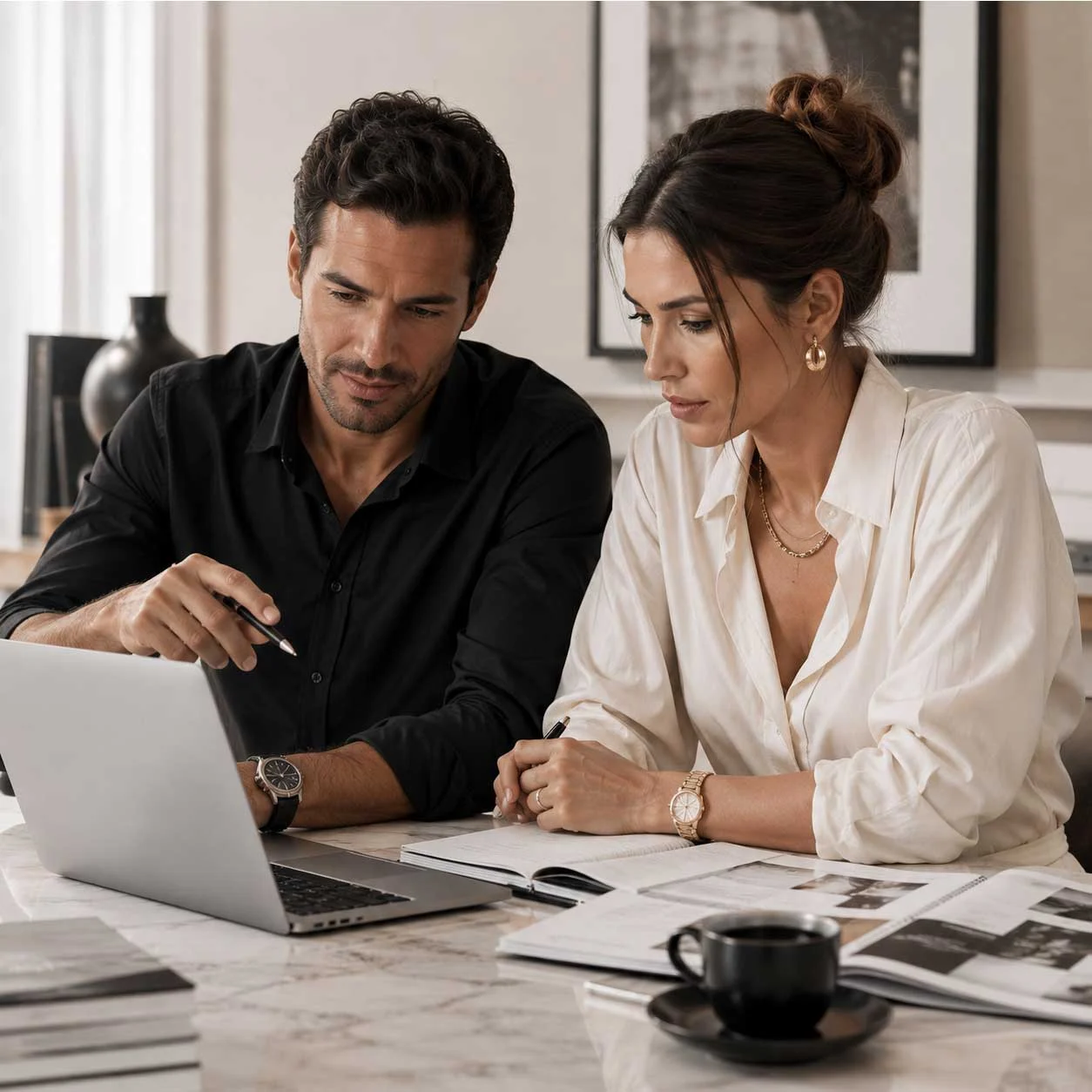 Two small business owners reviewing marketing automation for small business on a laptop